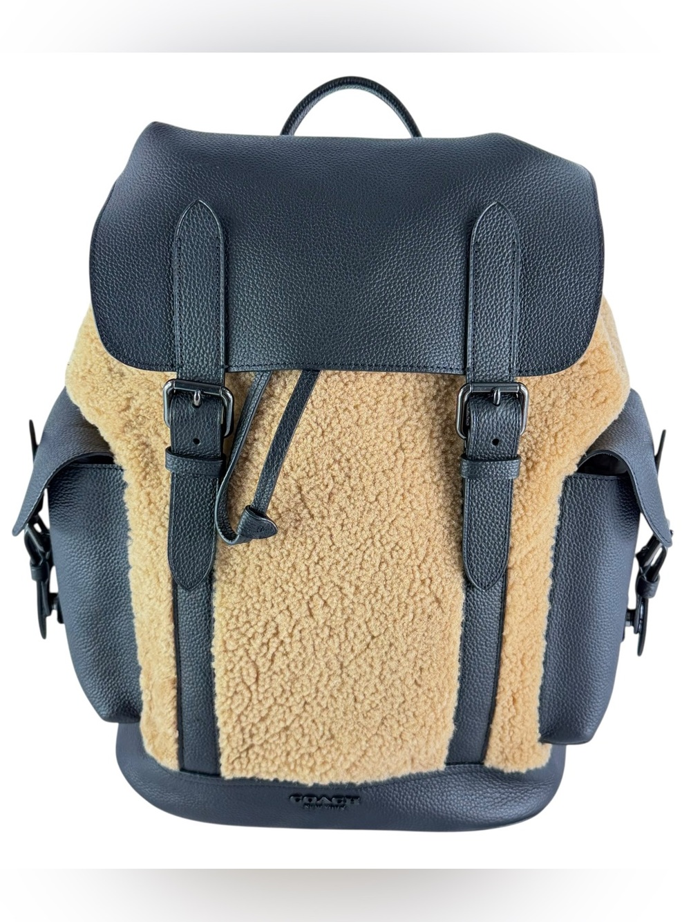 COACH Hudson Backpack Light Camel Shearling Black Leather C1241